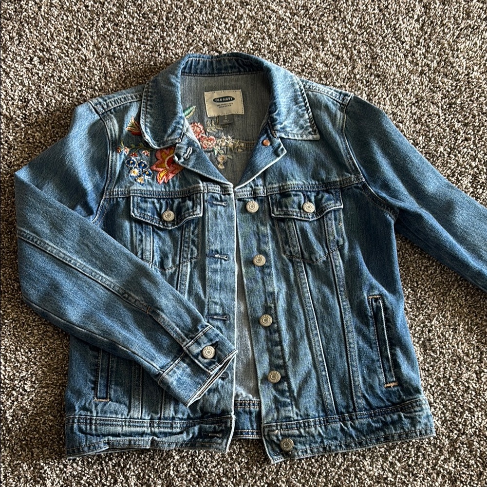 Old Navy Blue Denim Jacket with Floral Embroidery